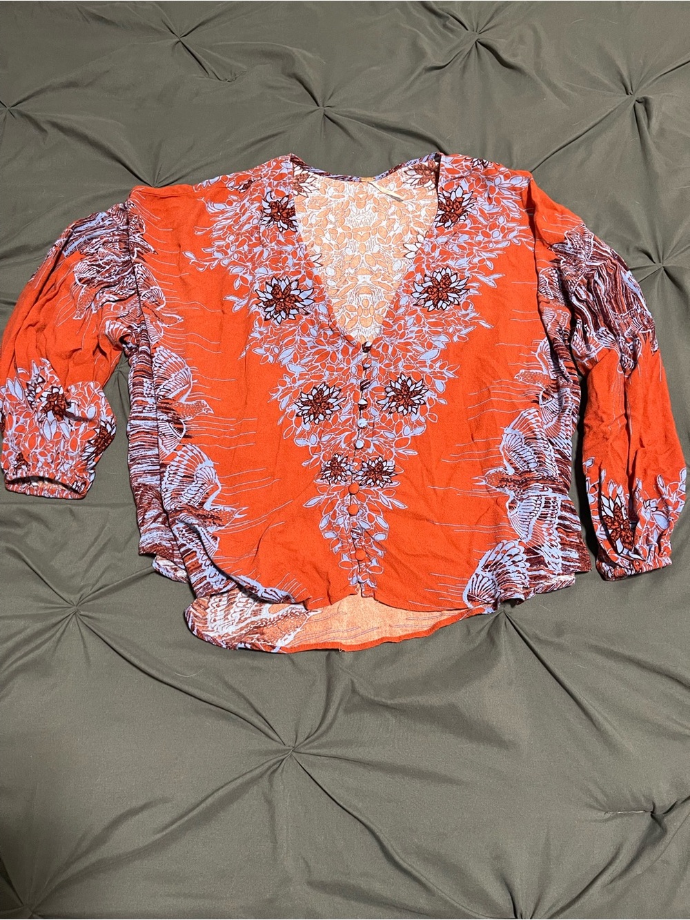 Free People Floral V-Neck Flutter Sleeve Top - Orange